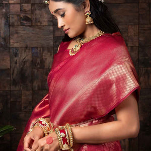 Burgundy Red Zari Work Kanjivaram Saree
