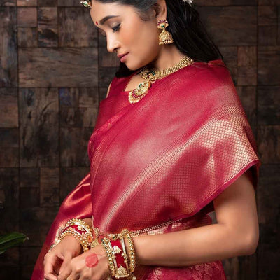 Burgundy Red Zari Work Kanjivaram Saree