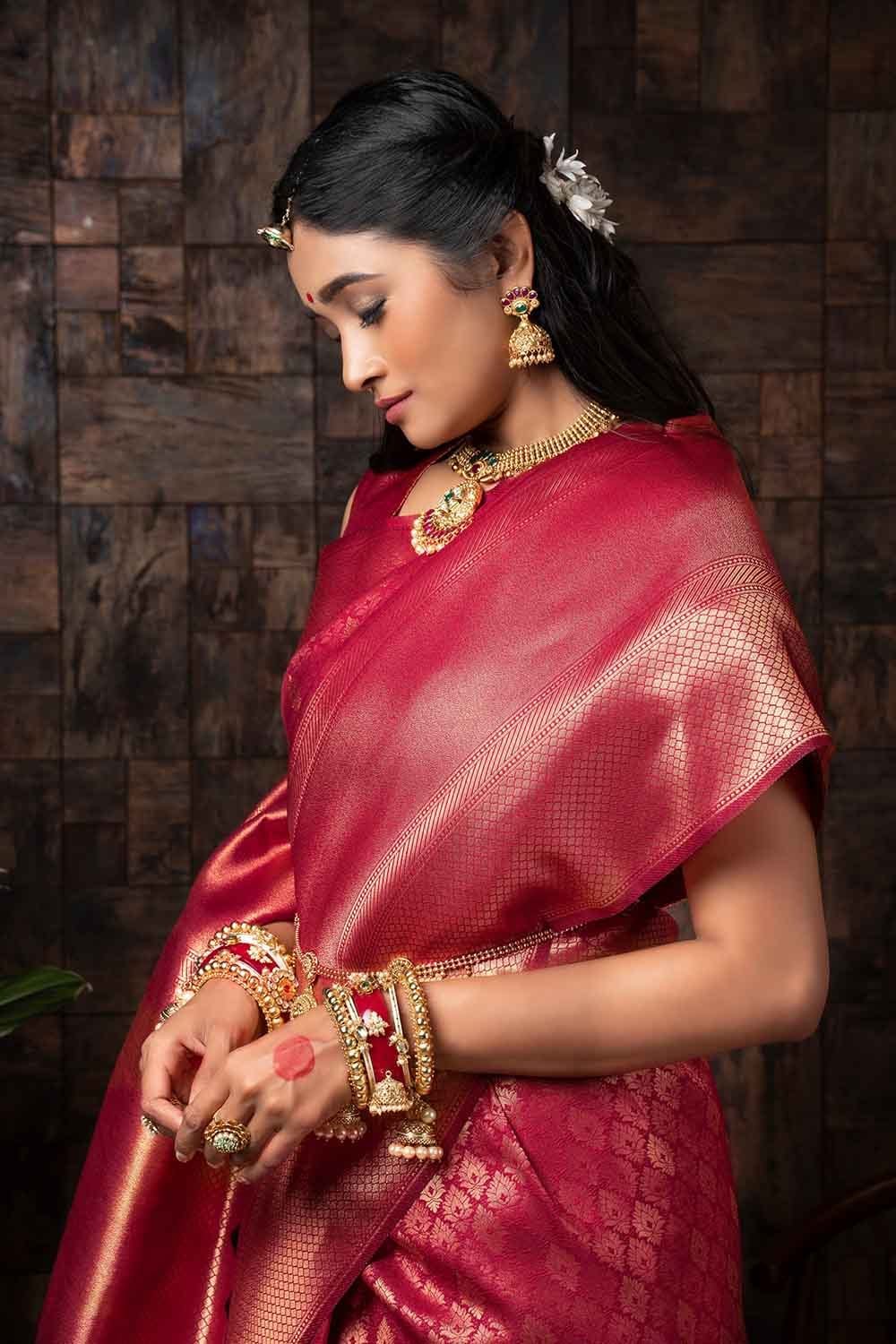 Burgundy Red Zari Work Kanjivaram Saree