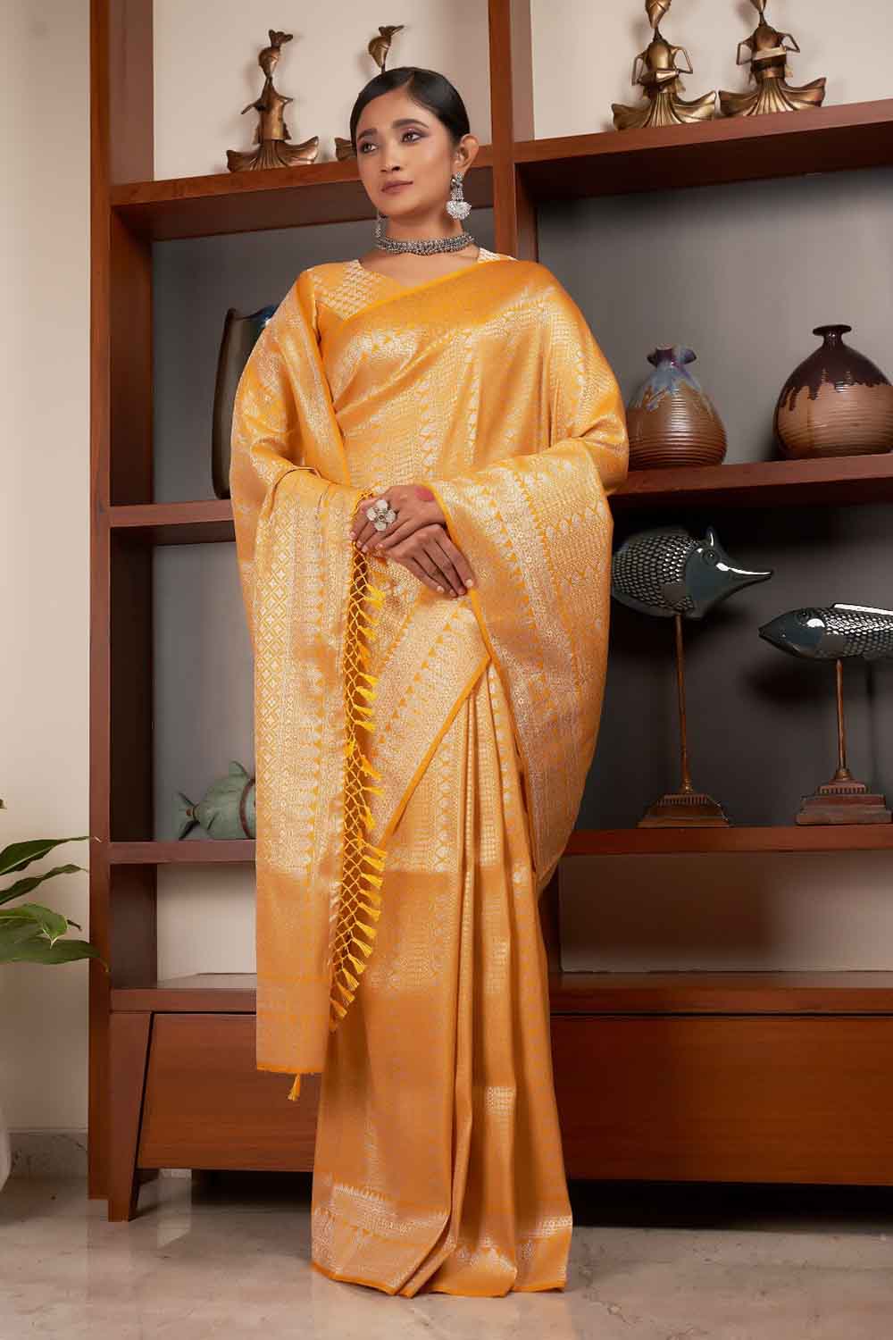 Honey Yellow Zari Work Kanjivaram Saree