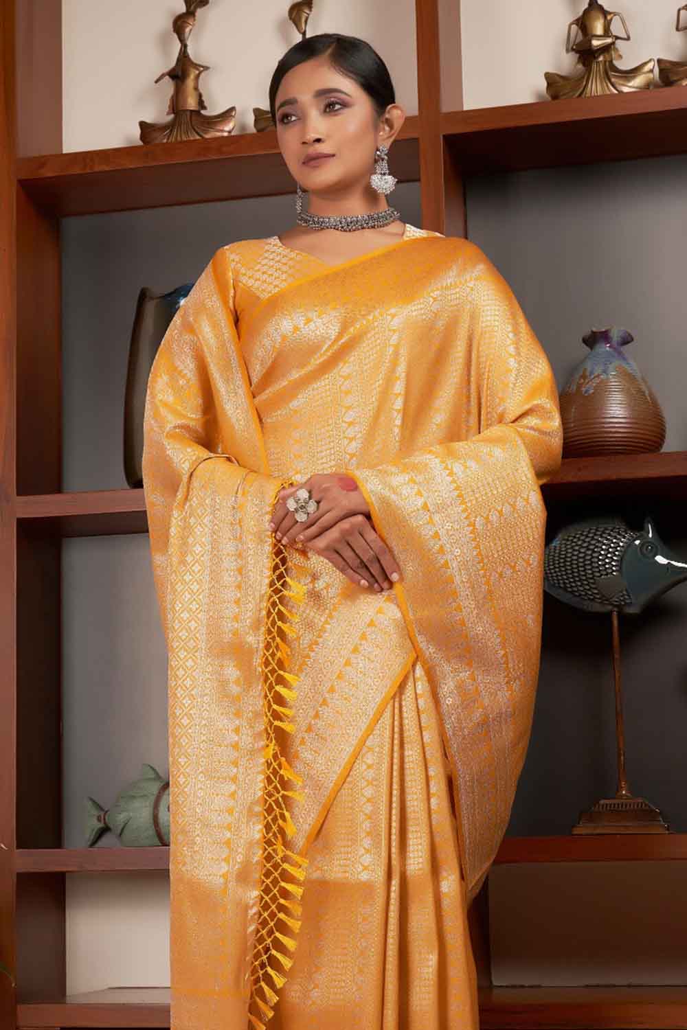 Honey Yellow Zari Work Kanjivaram Saree
