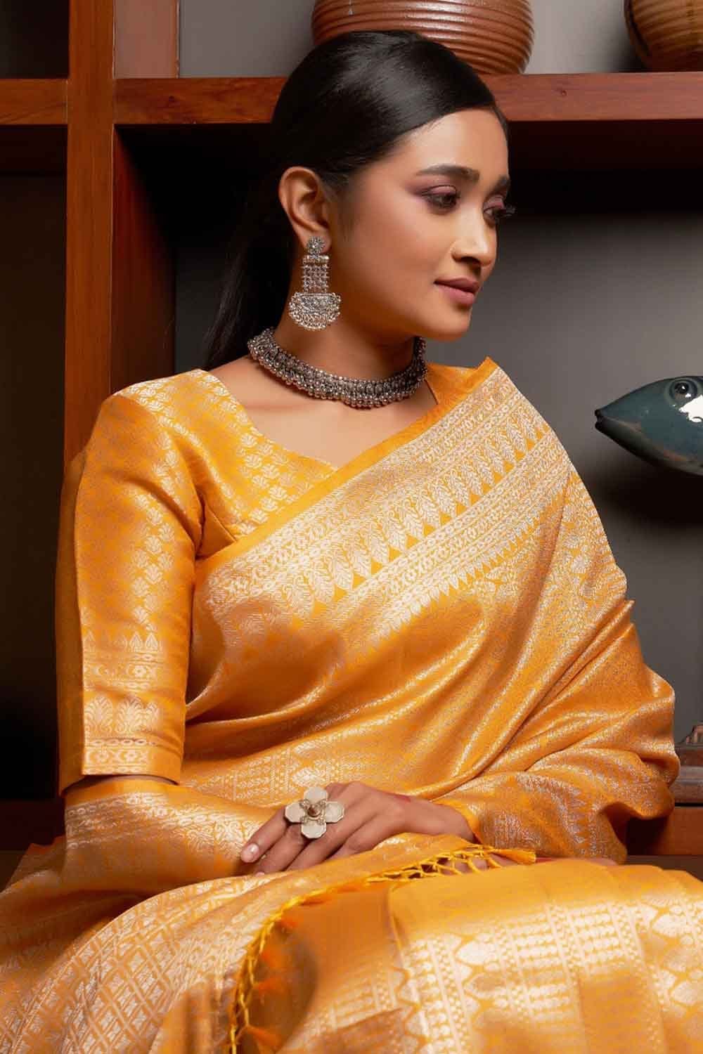 Honey Yellow Zari Work Kanjivaram Saree