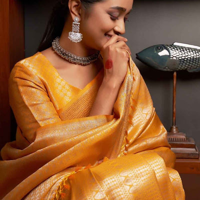 Honey Yellow Zari Work Kanjivaram Saree