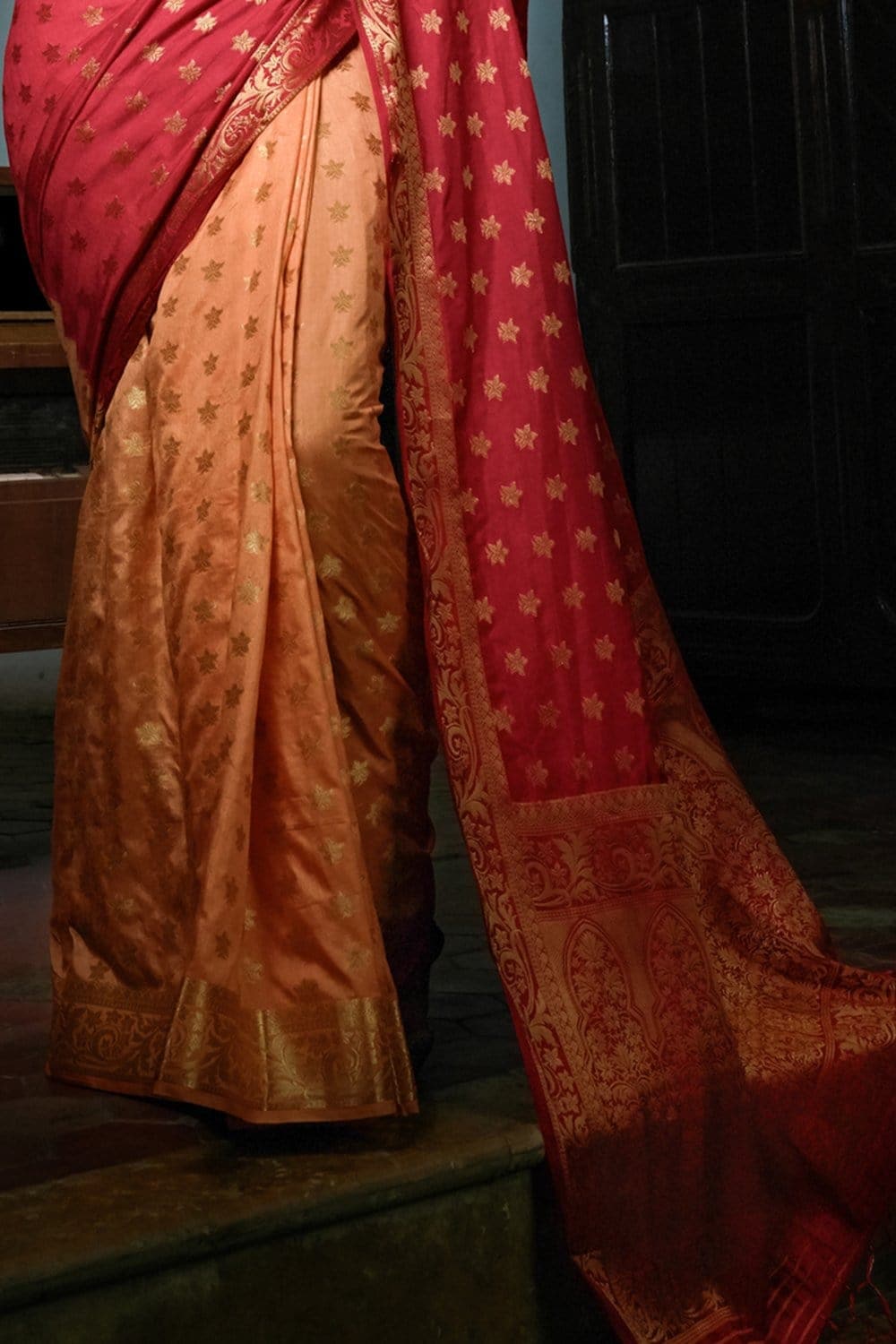 Red Peach Kanjivaram Saree