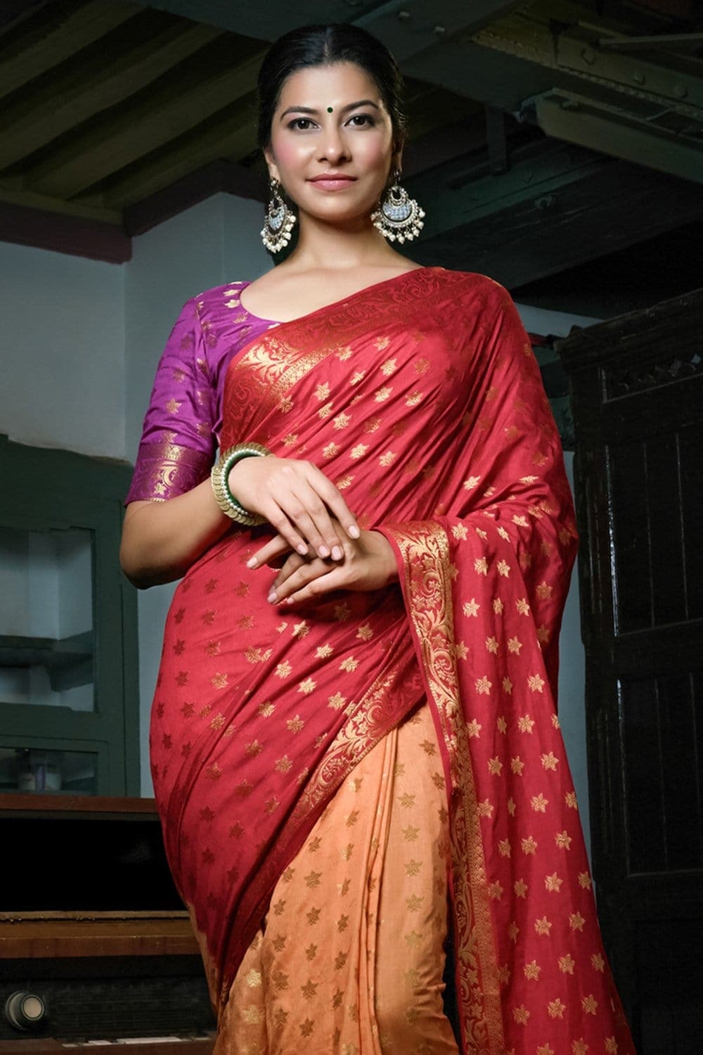 Red Peach Kanjivaram Saree