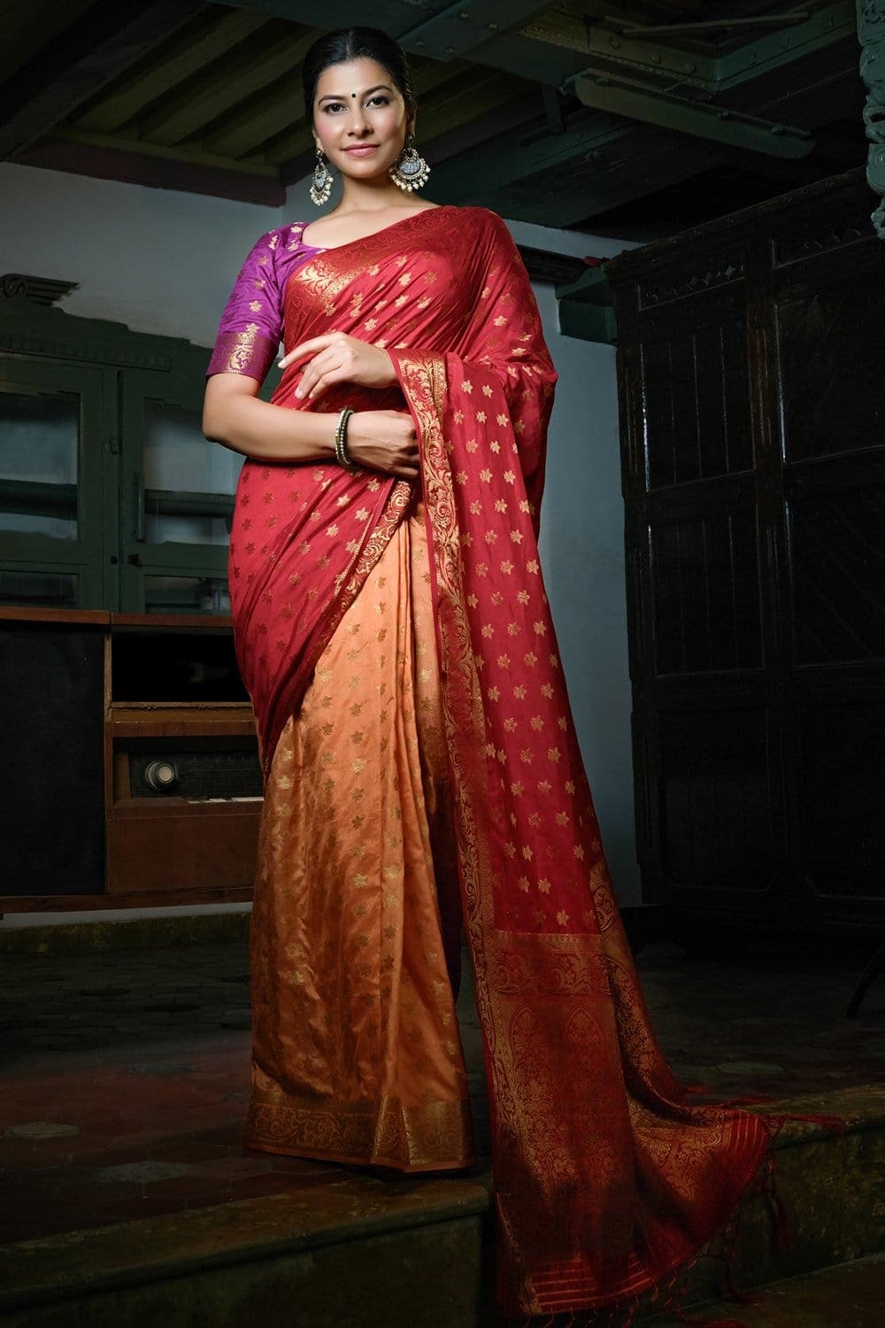 Red Peach Kanjivaram Saree