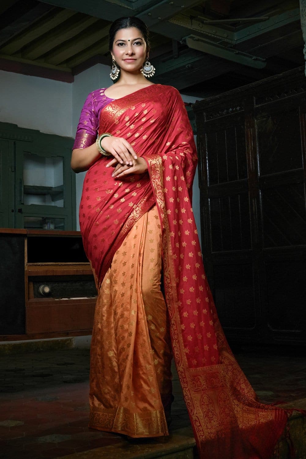 Red Peach Kanjivaram Saree