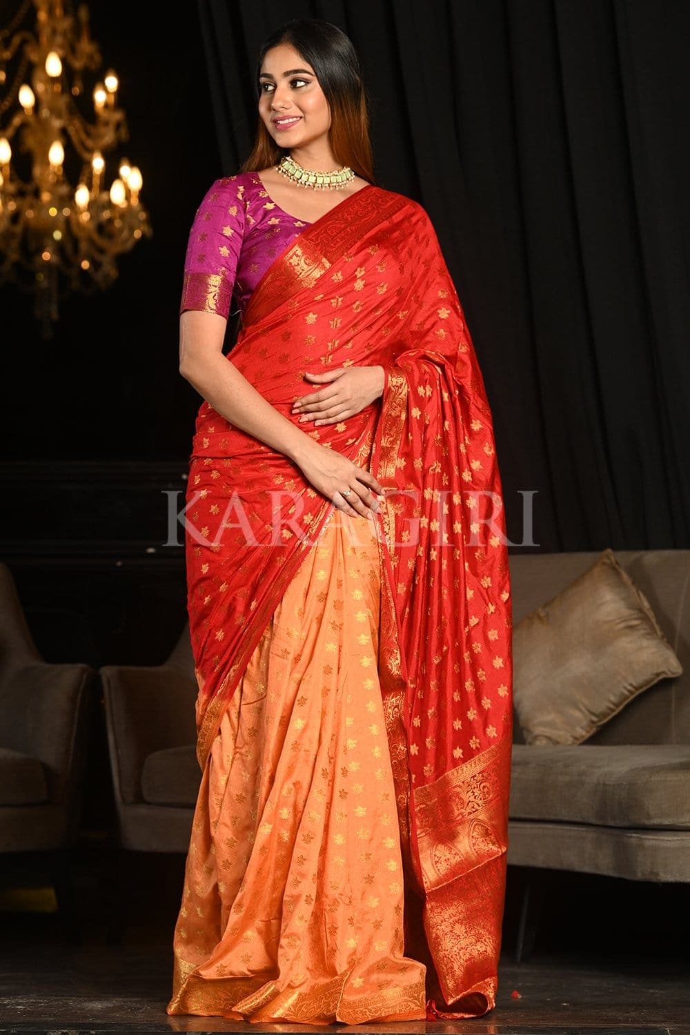 Red Peach Kanjivaram Saree