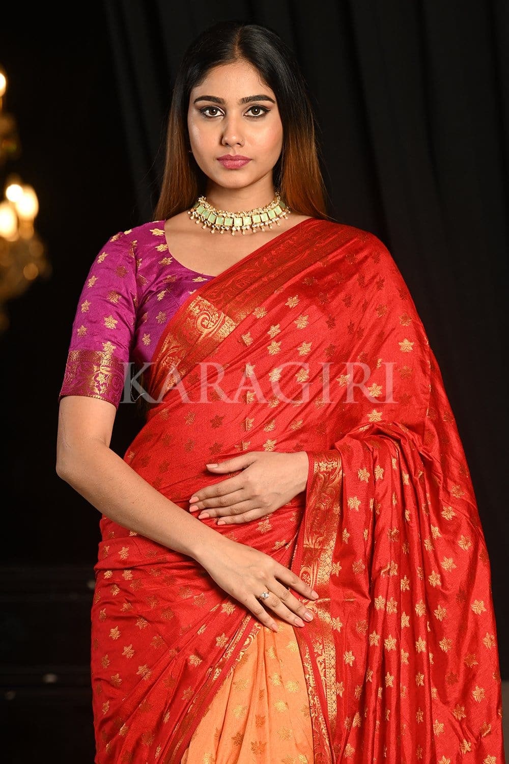 Red Peach Kanjivaram Saree