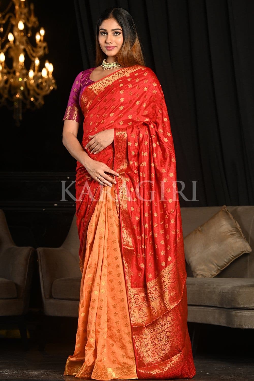 Red Peach Kanjivaram Saree