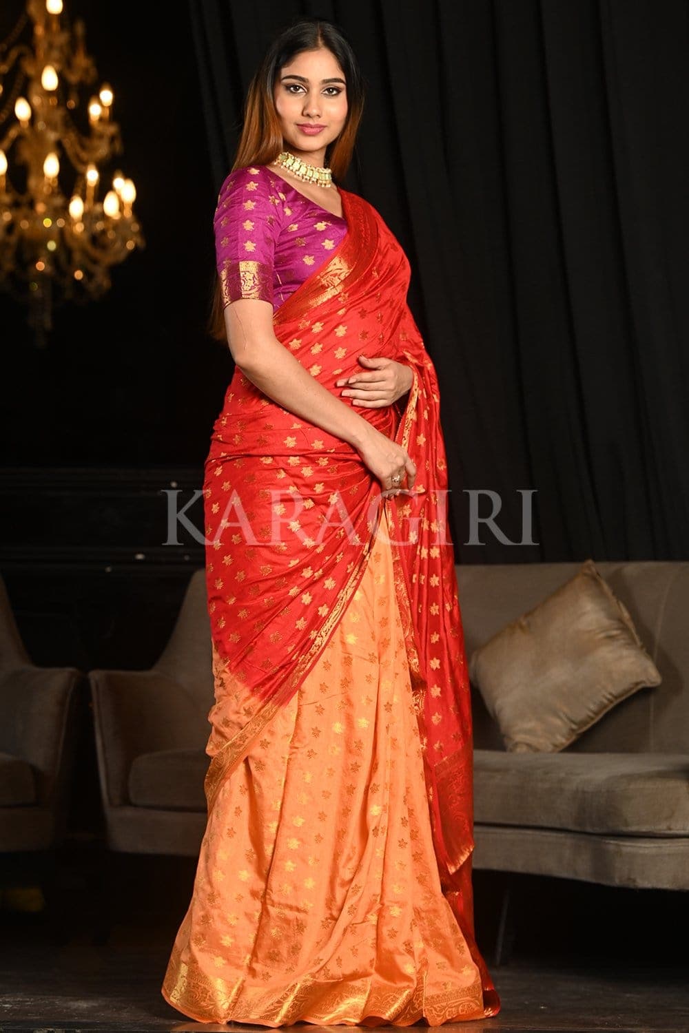 Red Peach Kanjivaram Saree