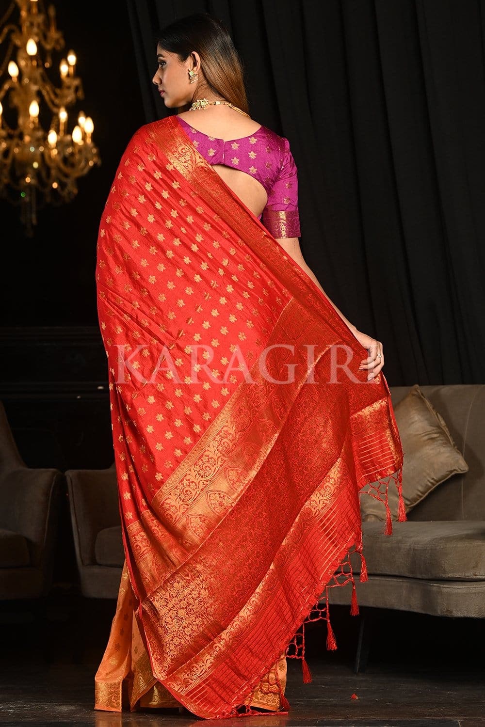 Red Peach Kanjivaram Saree