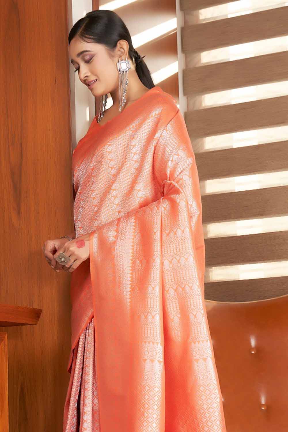 Soap Orange Zari Work Kanjivaram Saree
