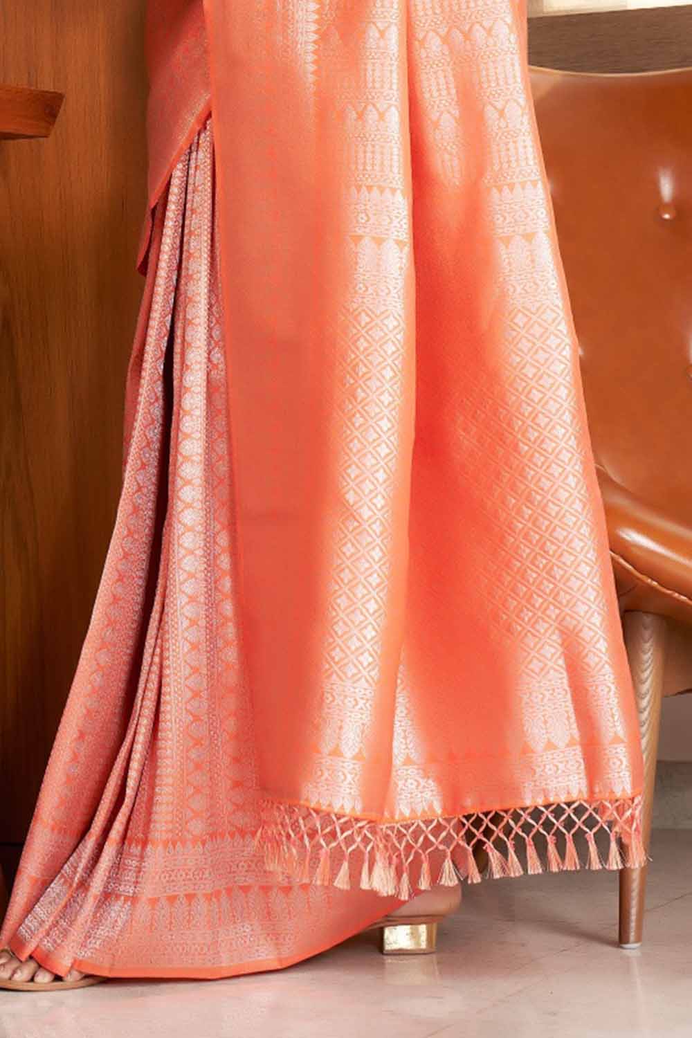 Soap Orange Zari Work Kanjivaram Saree