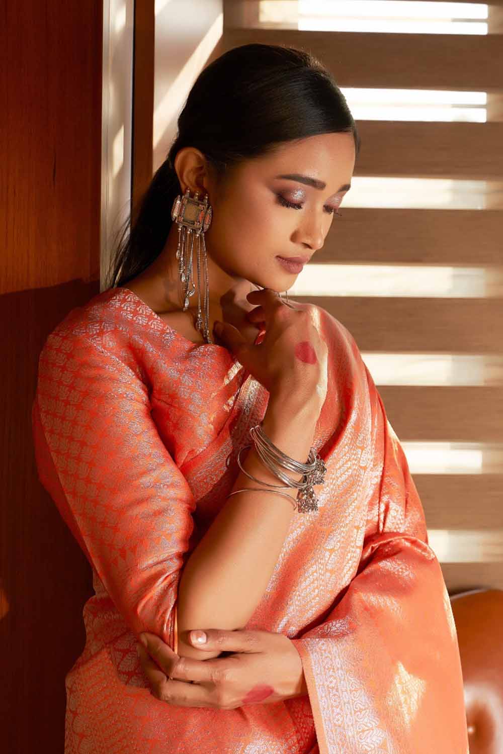 Soap Orange Zari Work Kanjivaram Saree