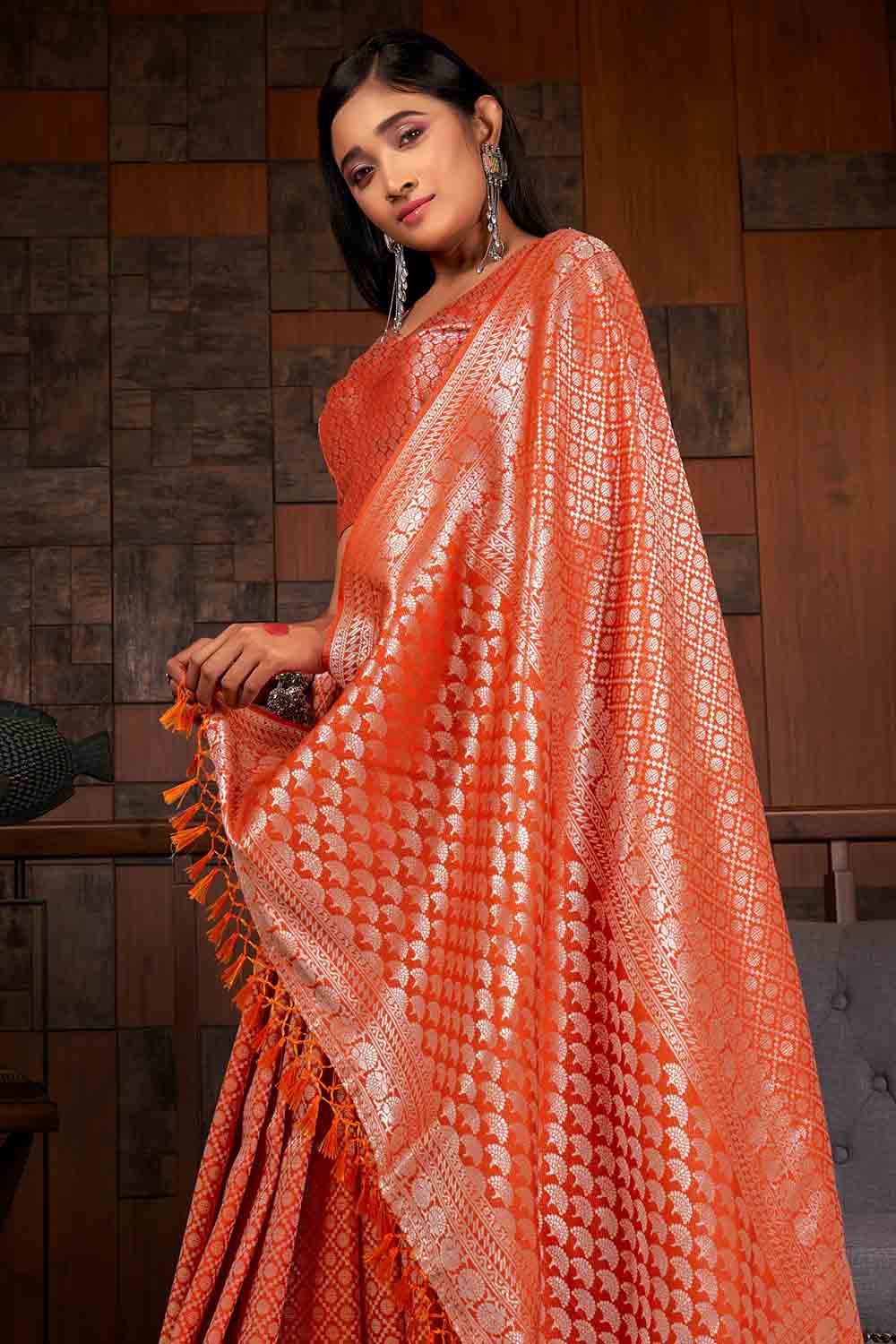 ABHIDNYA BHAVE in Starfish Orange Zari Work Kanjivaram Saree