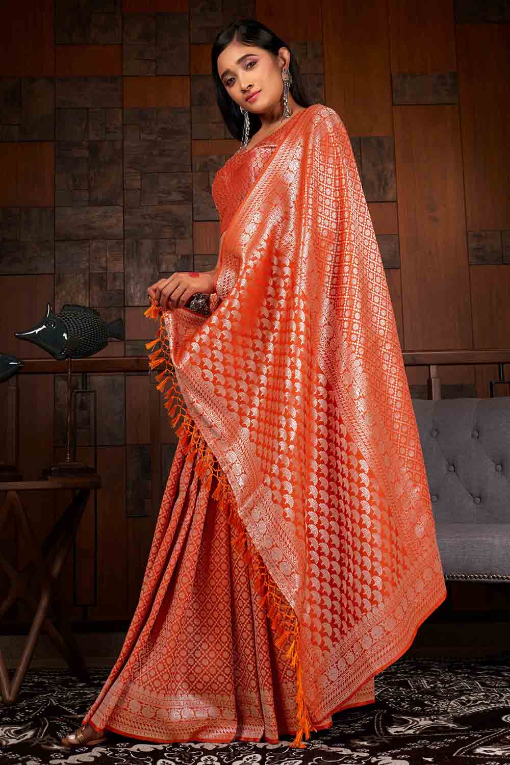 ABHIDNYA BHAVE in Starfish Orange Zari Work Kanjivaram Saree