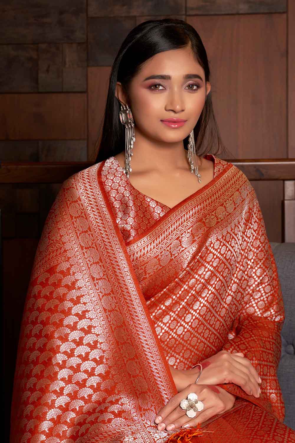 ABHIDNYA BHAVE in Starfish Orange Zari Work Kanjivaram Saree