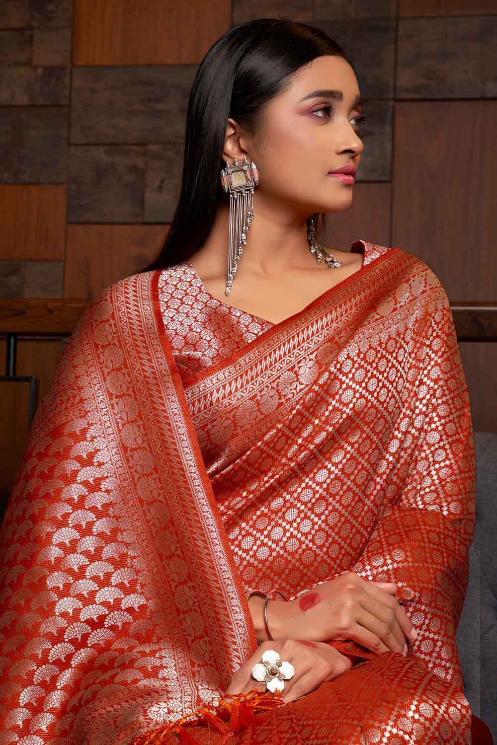 ABHIDNYA BHAVE in Starfish Orange Zari Work Kanjivaram Saree
