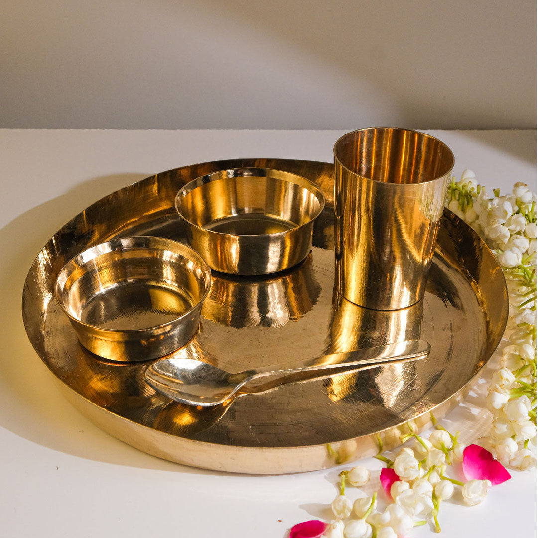 Kansa Dinner Thaali Set (11" Thaali) - 5 pieces (1 Thaali, 2 Bowls, 1 glass and 1 spoon)