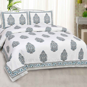 Blue  Mughal Jaal Super Fine Cotton Block Print King Size Bedsheet