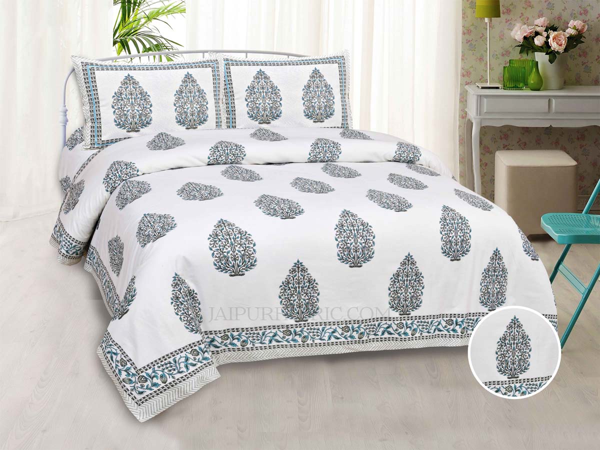 Blue  Mughal Jaal Super Fine Cotton Block Print King Size Bedsheet