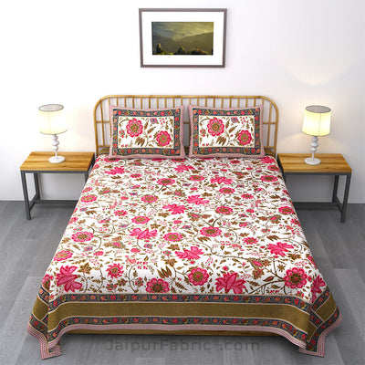 Exotic Floral Pink Khari Gold King Size Bedsheet