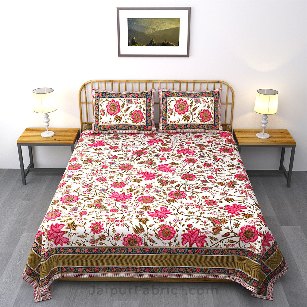 Exotic Floral Pink Khari Gold King Size Bedsheet