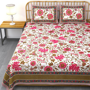 Exotic Floral Pink Khari Gold King Size Bedsheet