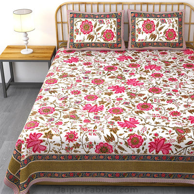 Exotic Floral Pink Khari Gold King Size Bedsheet