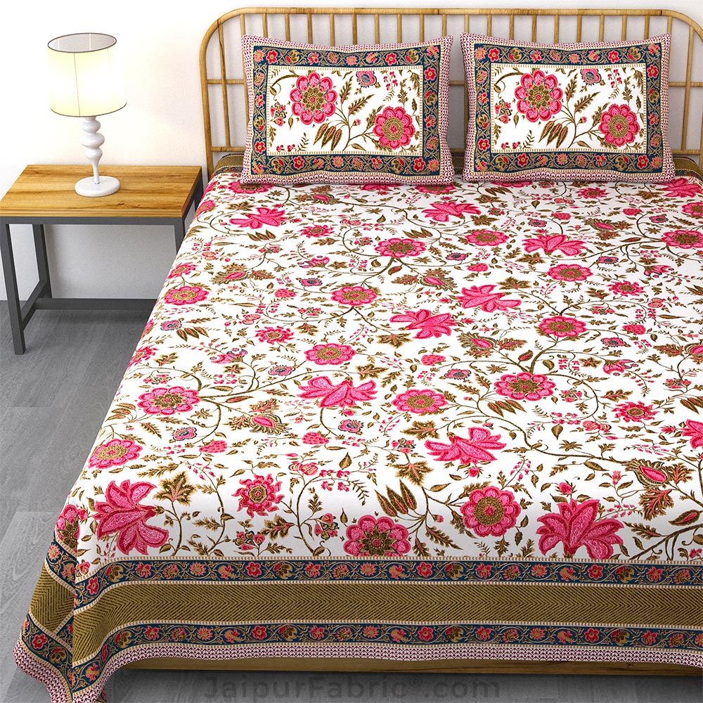 Exotic Floral Pink Khari Gold King Size Bedsheet