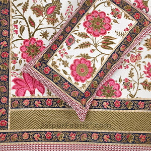 Exotic Floral Pink Khari Gold King Size Bedsheet