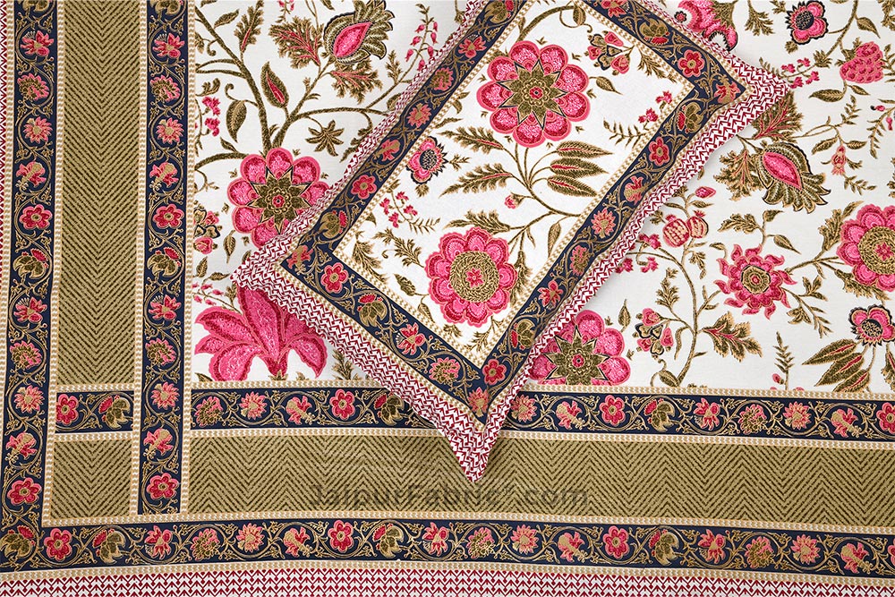 Exotic Floral Pink Khari Gold King Size Bedsheet