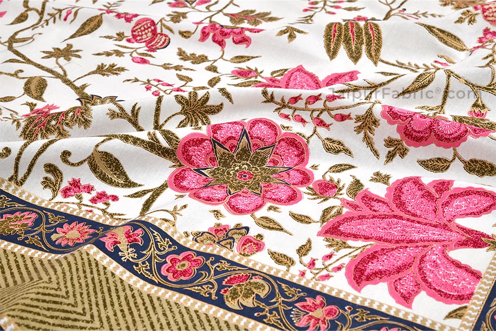 Exotic Floral Pink Khari Gold King Size Bedsheet
