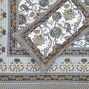 Floral Tales Blue Khari Gold King Size Bedsheet