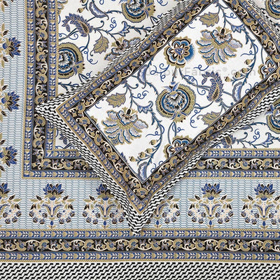 Floral Tales Blue Khari Gold King Size Bedsheet