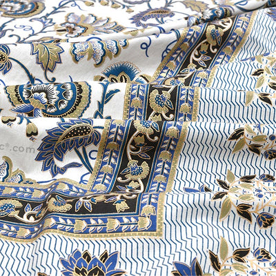 Floral Tales Blue Khari Gold King Size Bedsheet