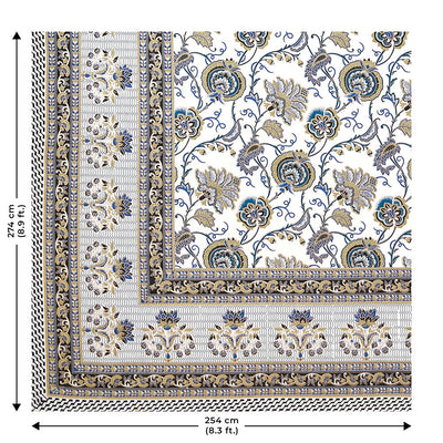 Floral Tales Blue Khari Gold King Size Bedsheet