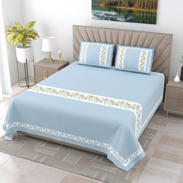 Eco-Friendly Blue Peach and Green Pure Cotton King Size Double Bedsheet Combo of 3