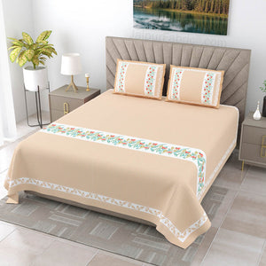 Eco-Friendly Blue Peach and Green Pure Cotton King Size Double Bedsheet Combo of 3