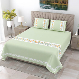 Eco-Friendly Blue Peach and Green Pure Cotton King Size Double Bedsheet Combo of 3