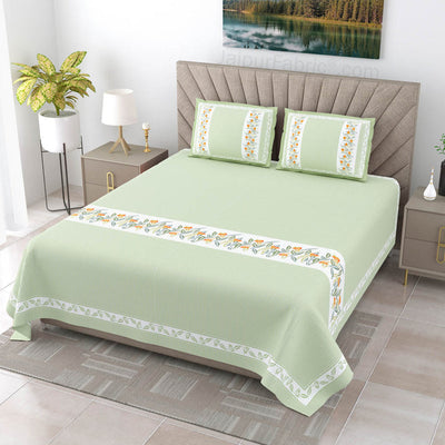 Eco-Friendly Blue Peach and Green Pure Cotton King Size Double Bedsheet Combo of 3