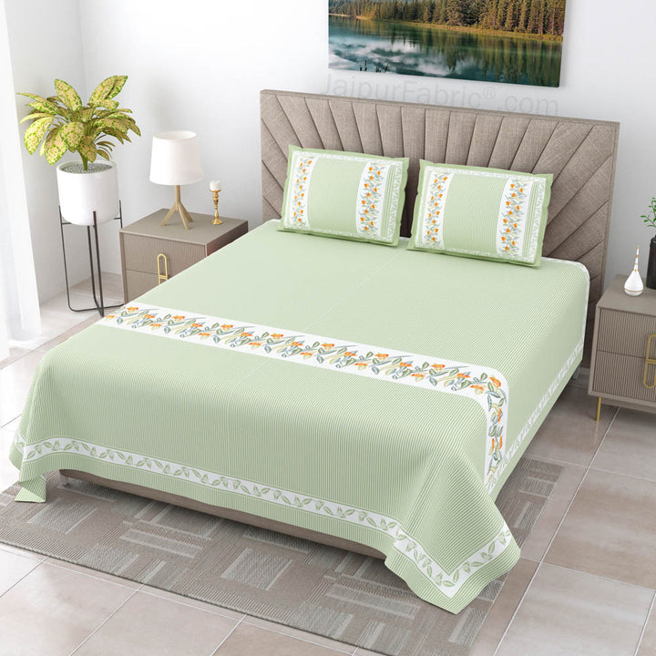 Eco-Friendly Blue Peach and Green Pure Cotton King Size Double Bedsheet Combo of 3