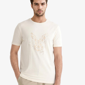 Rare Rabbit Men's Kerwin Beige Crew Neck HD Print Logo on Chest Half Sleeves Regular Fit T-Shirt