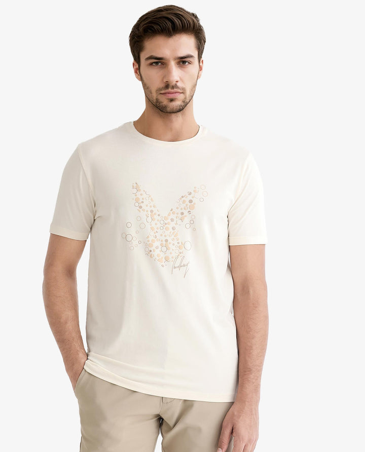 Rare Rabbit Men's Kerwin Beige Crew Neck HD Print Logo on Chest Half Sleeves Regular Fit T-Shirt