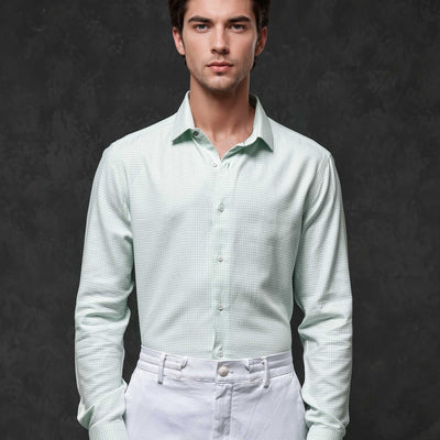 Rare Rabbit Mens Kinate Pastel Green Full Sleeve Solid Houndstooth Check Shirt