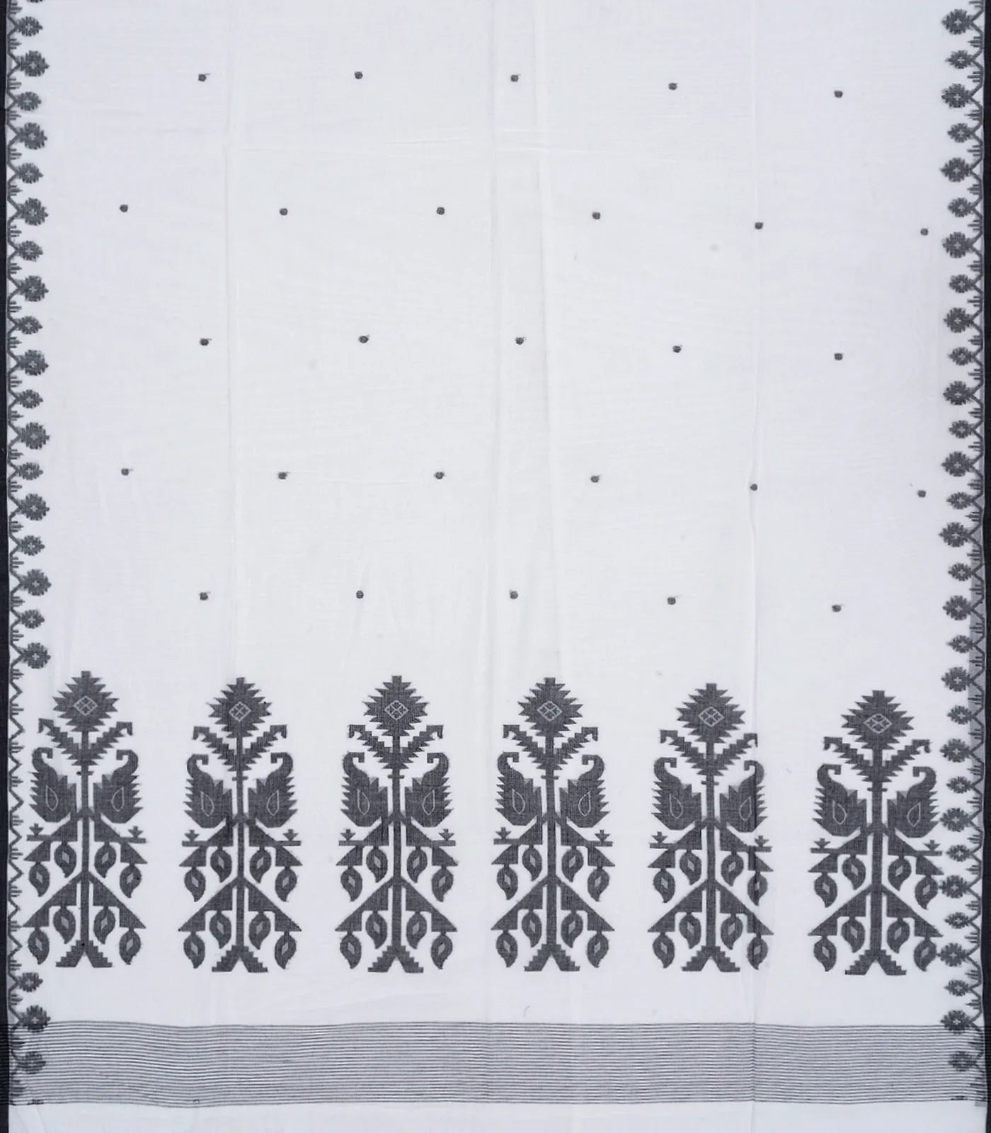 White Handloom Chanderi Cotton Saree With Coin Motifs-White