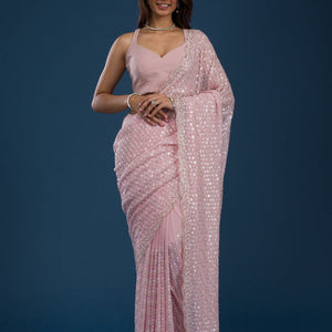 Baby Pink Sequins Georgette Saree