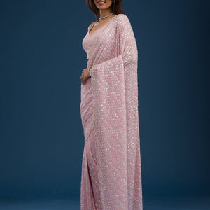 Baby Pink Sequins Georgette Saree