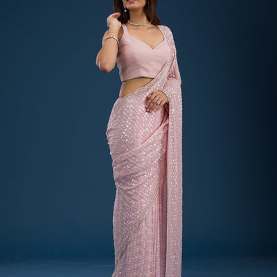 Baby Pink Sequins Georgette Saree